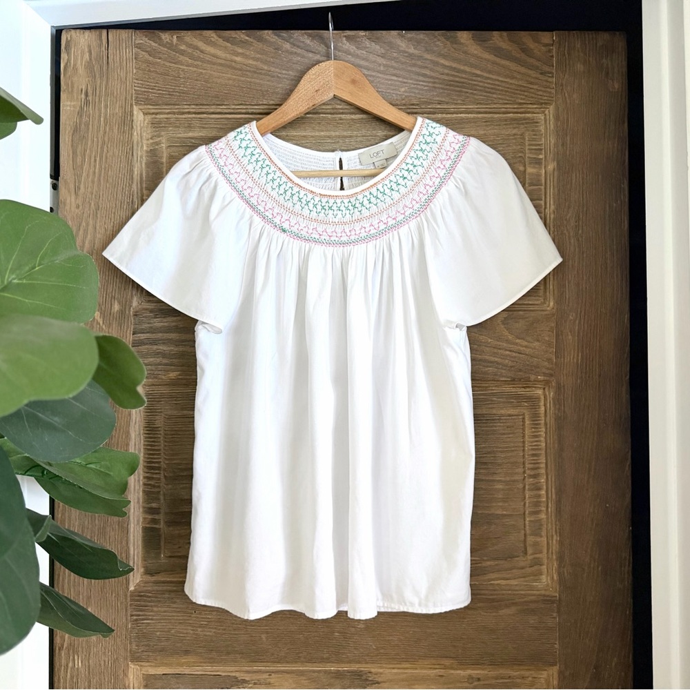 LOFT White Smock Necked Embroidered Top Size M